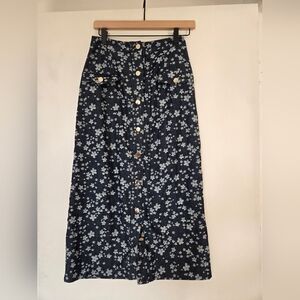 Navy Floral Button-Front Maxi Skirt